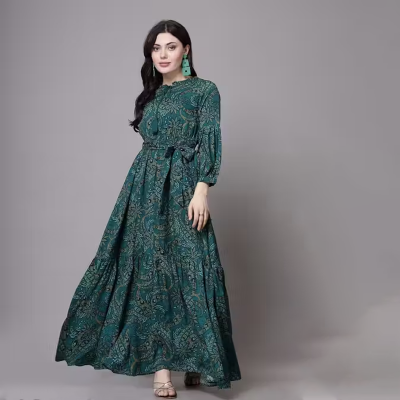 Green Floral Printed Sleeves Maxi Dress