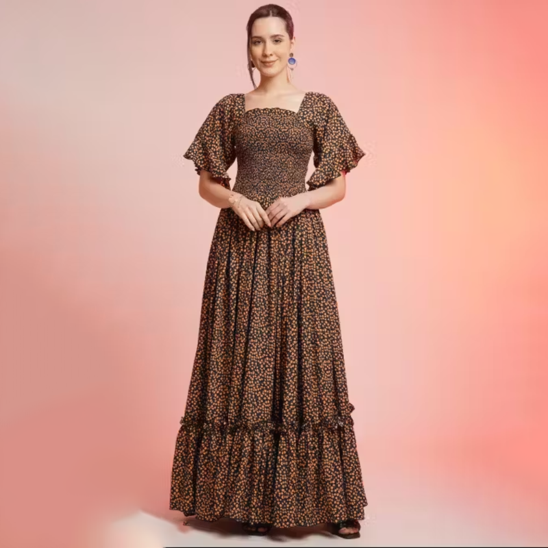 Women's Crepe Floral Printed Smocked Maxi Dress