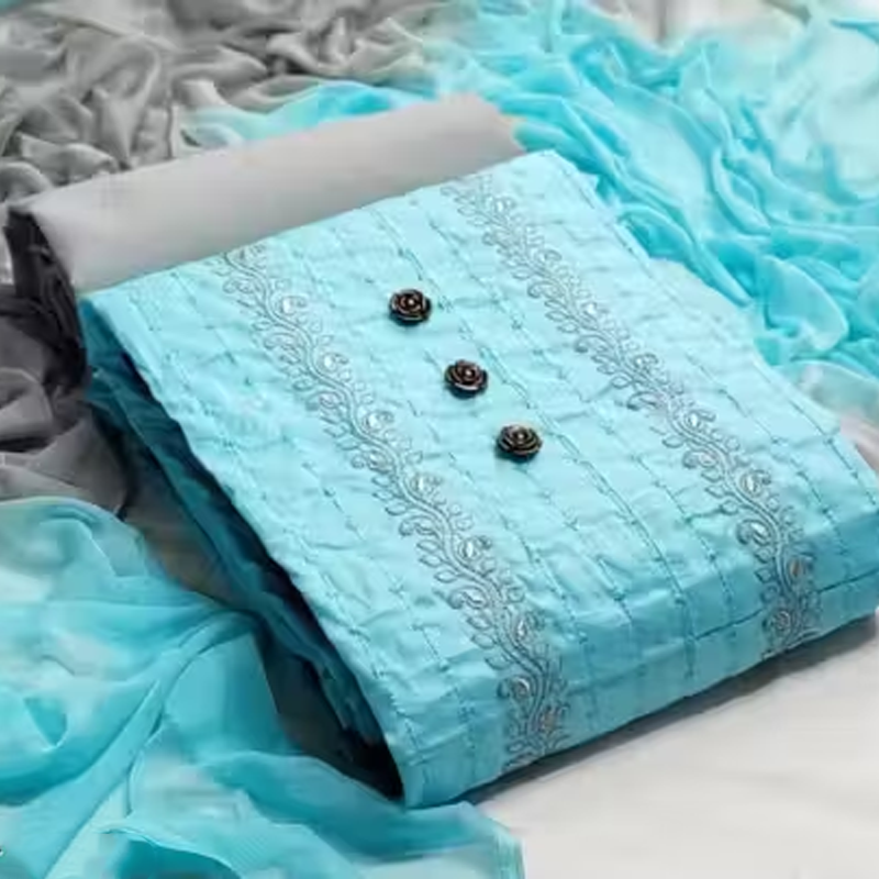 Aqua Blue cotton embroidered Dress Material