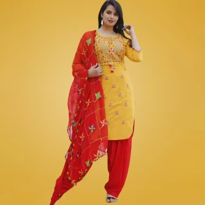 Women Round Cut kurti with Emboridered work Full plain patiala with chiffon dupatta