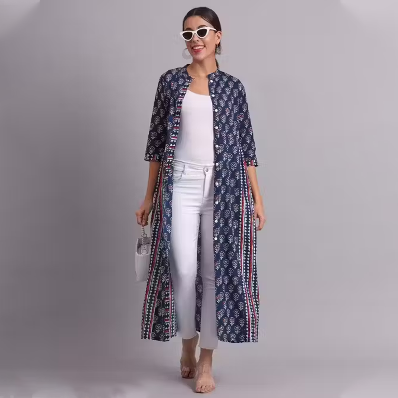 Womens Blue Printed Cotton Casual wear Jacket