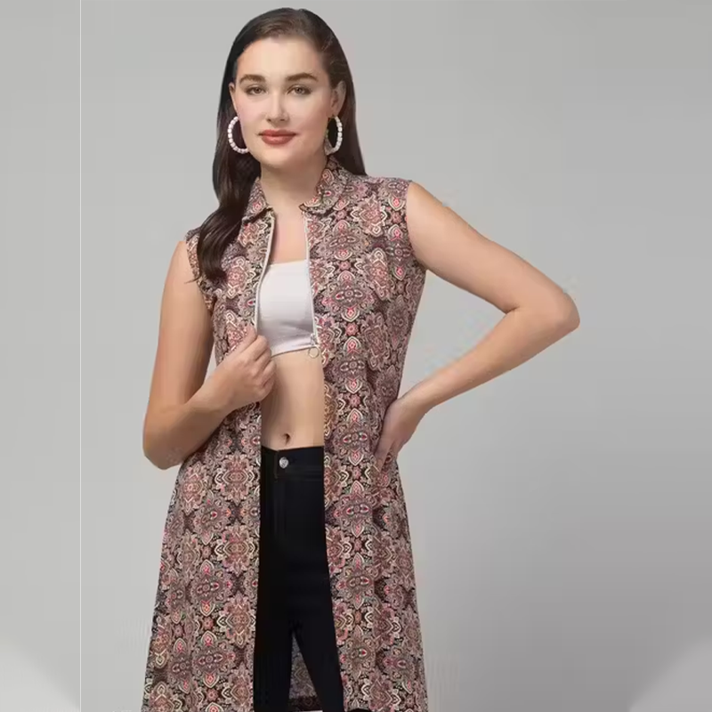 women's stylish net Sleeveless Printed long shrug