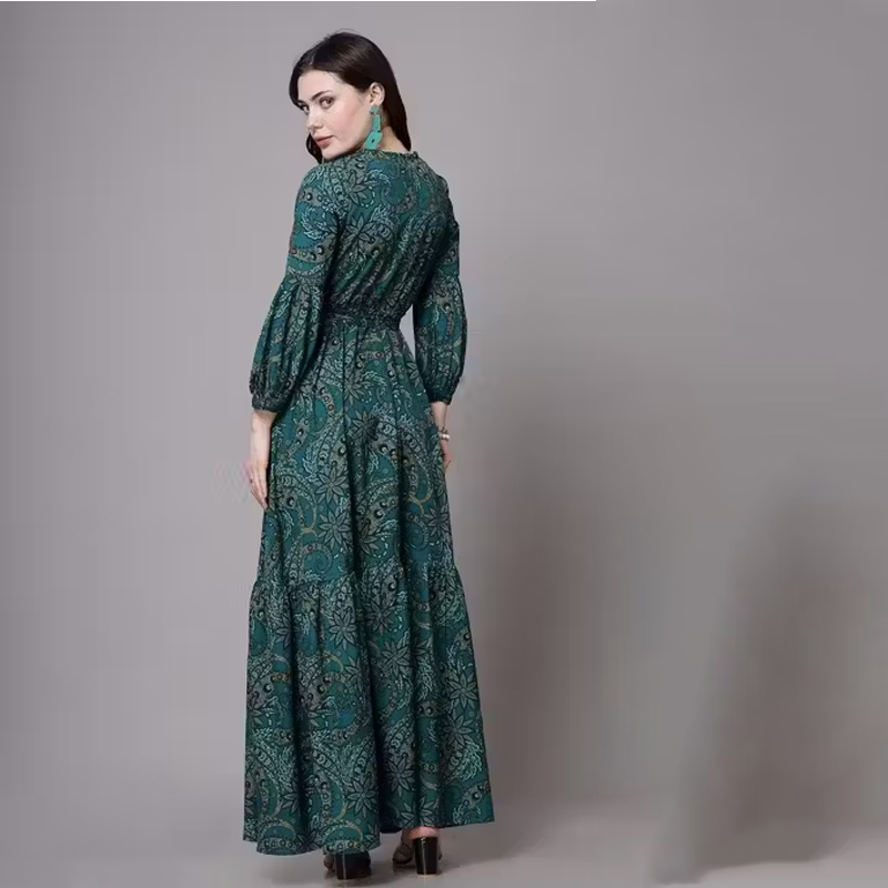 Green Floral Printed Sleeves Maxi Dress