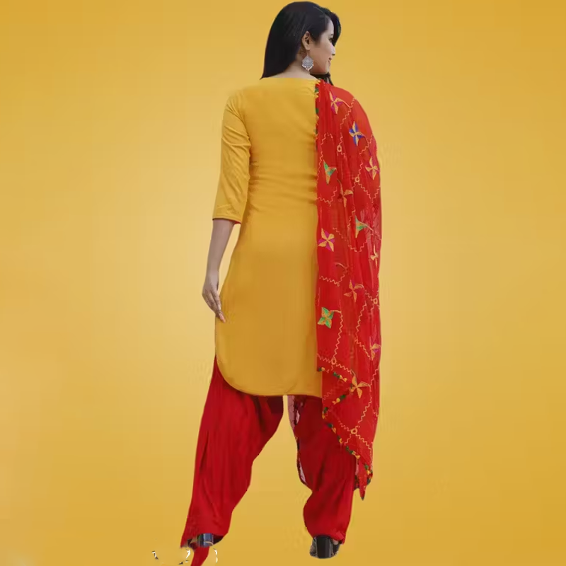 Women Round Cut kurti with Emboridered work Full plain patiala with chiffon dupatta