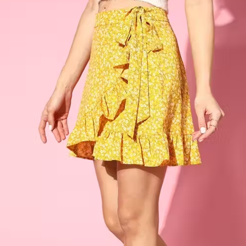 Women Floral Print High-Rise Mini Wrap Skirts