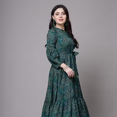 Green Floral Printed Sleeves Maxi Dress