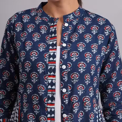 Womens Blue Printed Cotton Casual wear Jacket