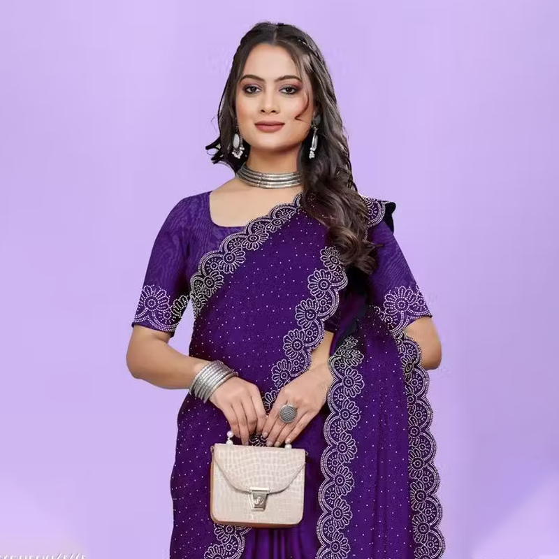 Designer diamond worked Georgette fabric saree for party and all occasions