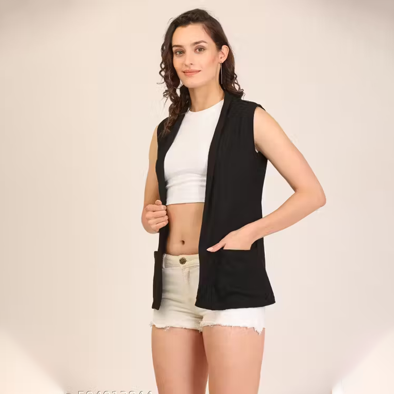 Solid Shrug Black Capes, Shrugs & Ponchos Cut Sleeve For Women