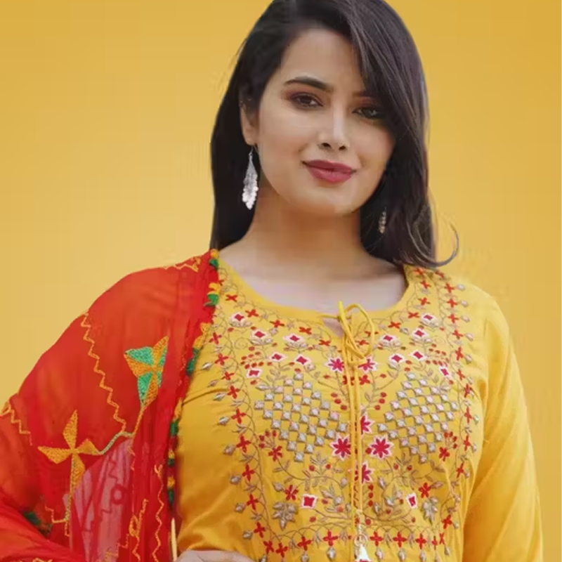 Women Round Cut kurti with Emboridered work Full plain patiala with chiffon dupatta